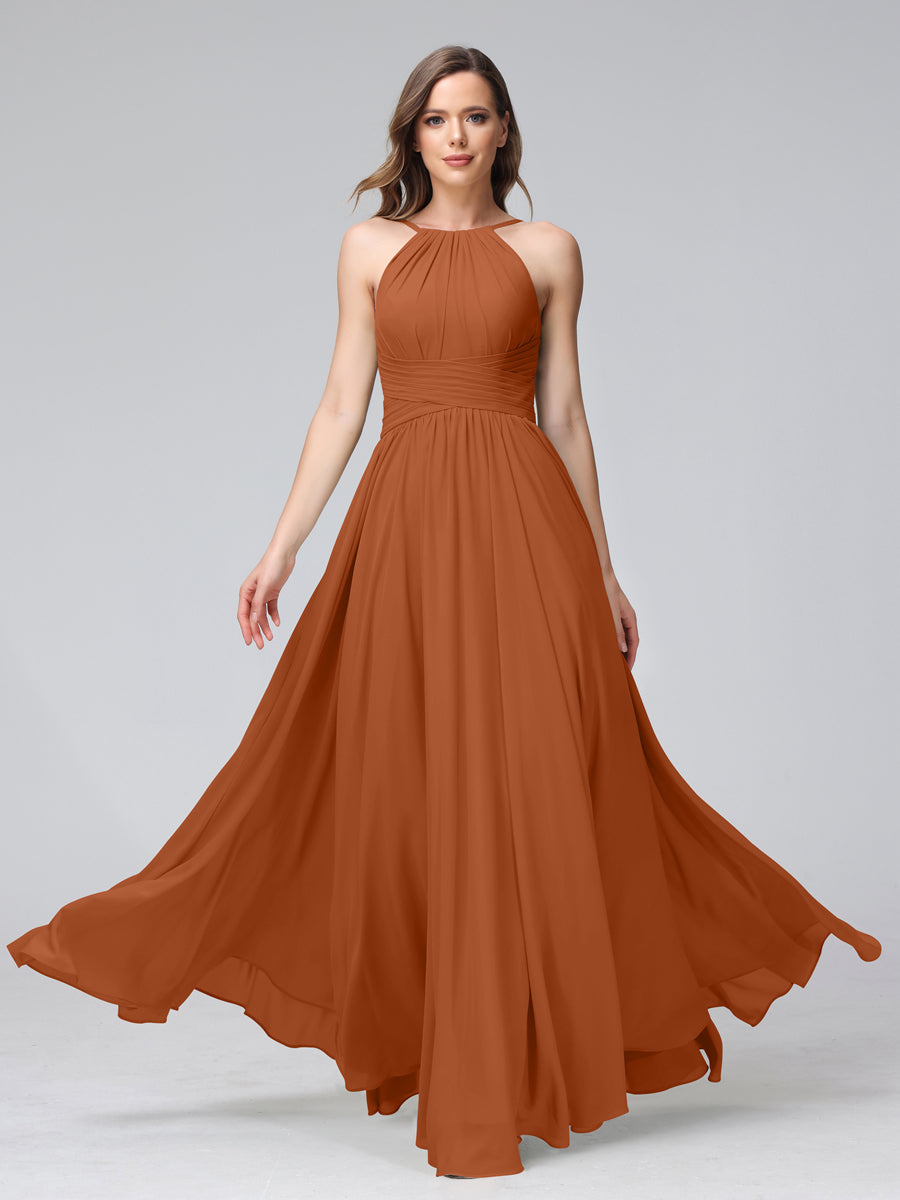 A-Line Halter Sleeveless Ruched Floor-Length Chiffon Bridesmaid Dresses