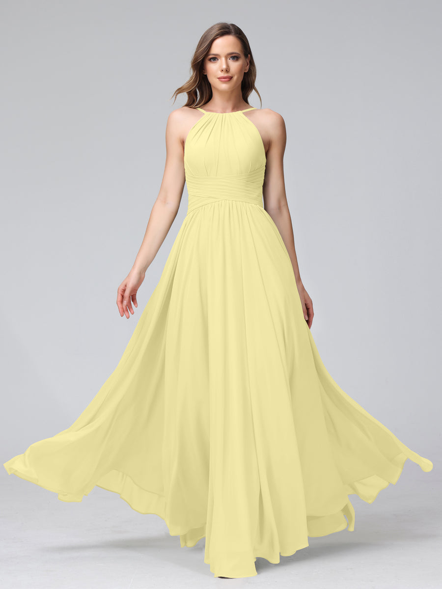 A-Line Halter Sleeveless Ruched Floor-Length Chiffon Bridesmaid Dresses