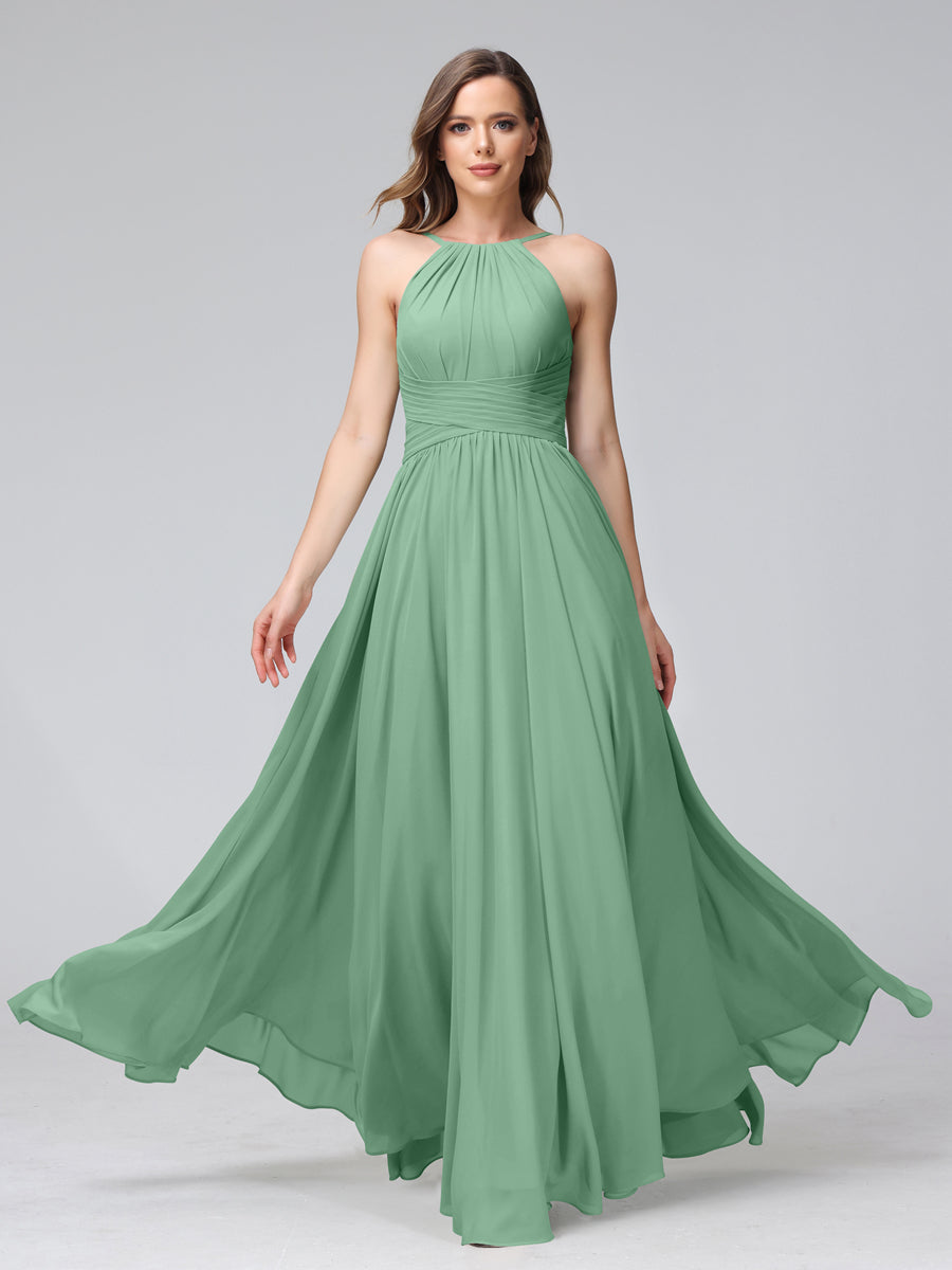 A-Line Halter Sleeveless Ruched Floor-Length Chiffon Bridesmaid Dresses