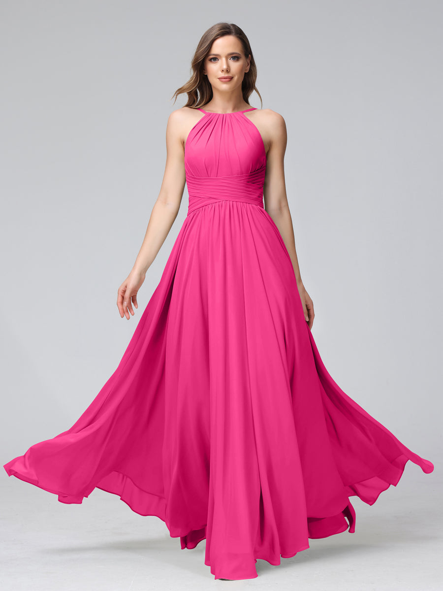 A-Line Halter Sleeveless Ruched Floor-Length Chiffon Bridesmaid Dresses