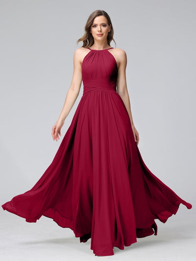 A-Line Halter Sleeveless Ruched Floor-Length Chiffon Bridesmaid Dresses