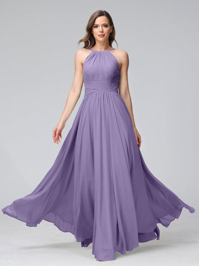 A-Line Halter Sleeveless Ruched Floor-Length Chiffon Bridesmaid Dresses