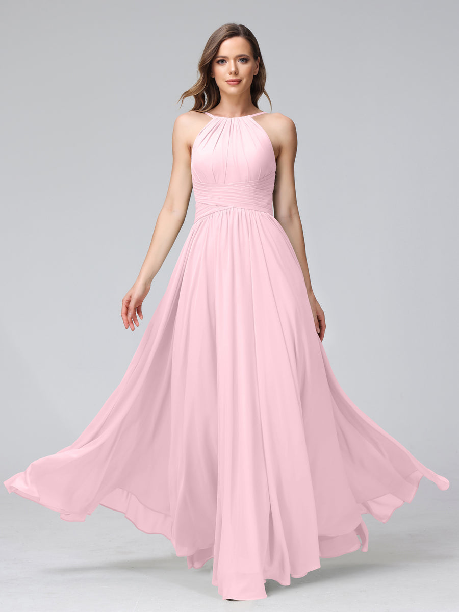 A-Line Halter Sleeveless Ruched Floor-Length Chiffon Bridesmaid Dresses