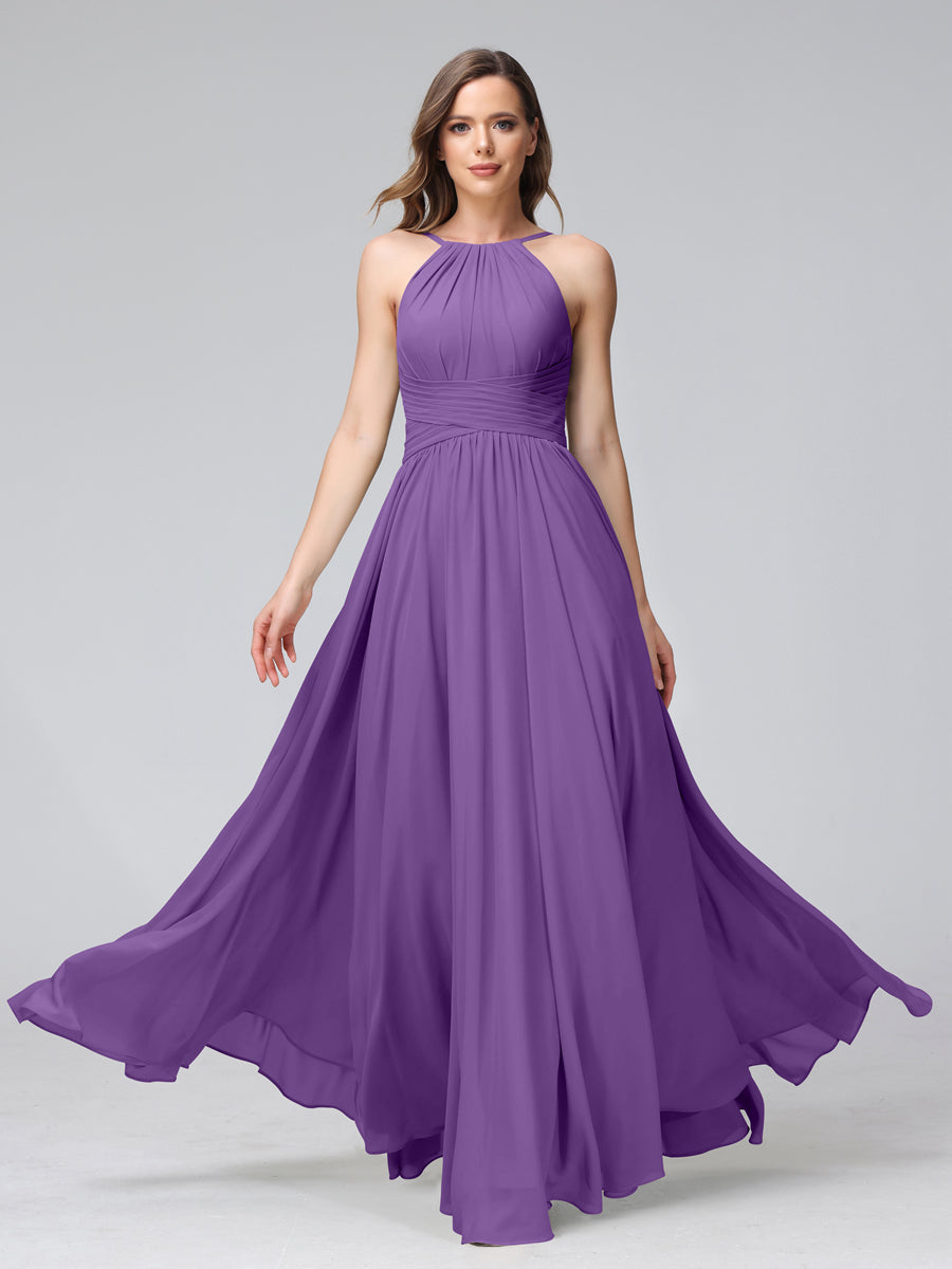 A-Line Halter Sleeveless Ruched Floor-Length Chiffon Bridesmaid Dresses