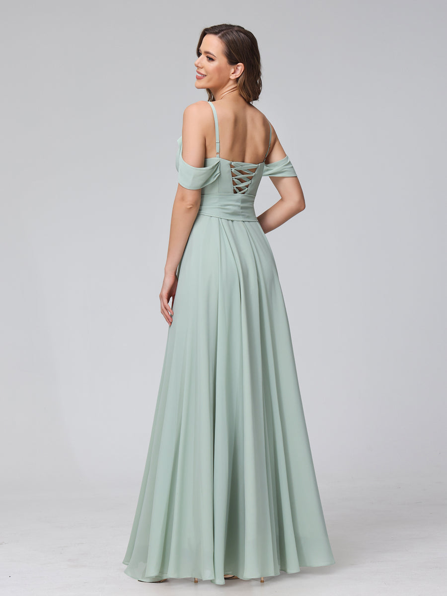 A-Line V-Neck Short Sleeves Chiffon Bridesmaid Dresses with Spaghetti Straps & Split Side