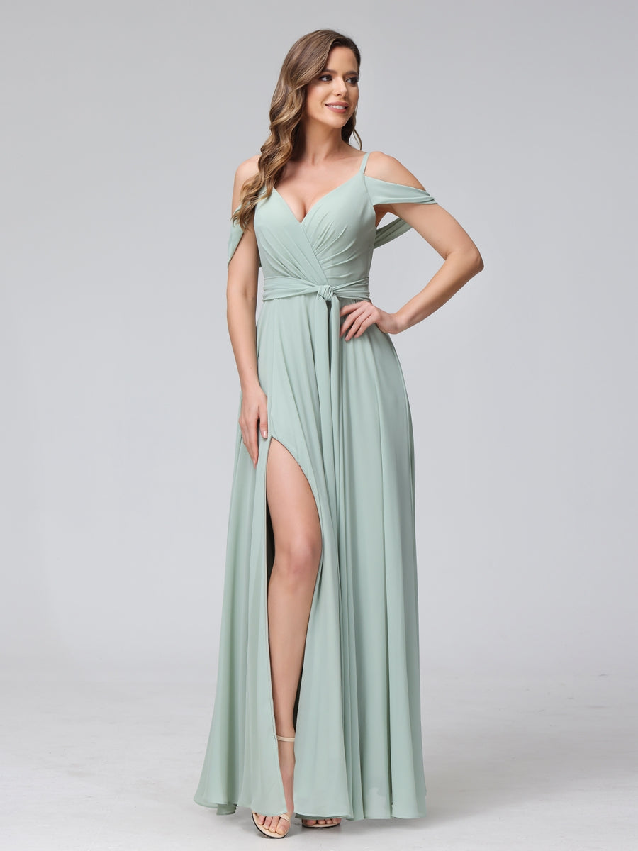 A-Line V-Neck Short Sleeves Chiffon Bridesmaid Dresses with Spaghetti Straps & Split Side