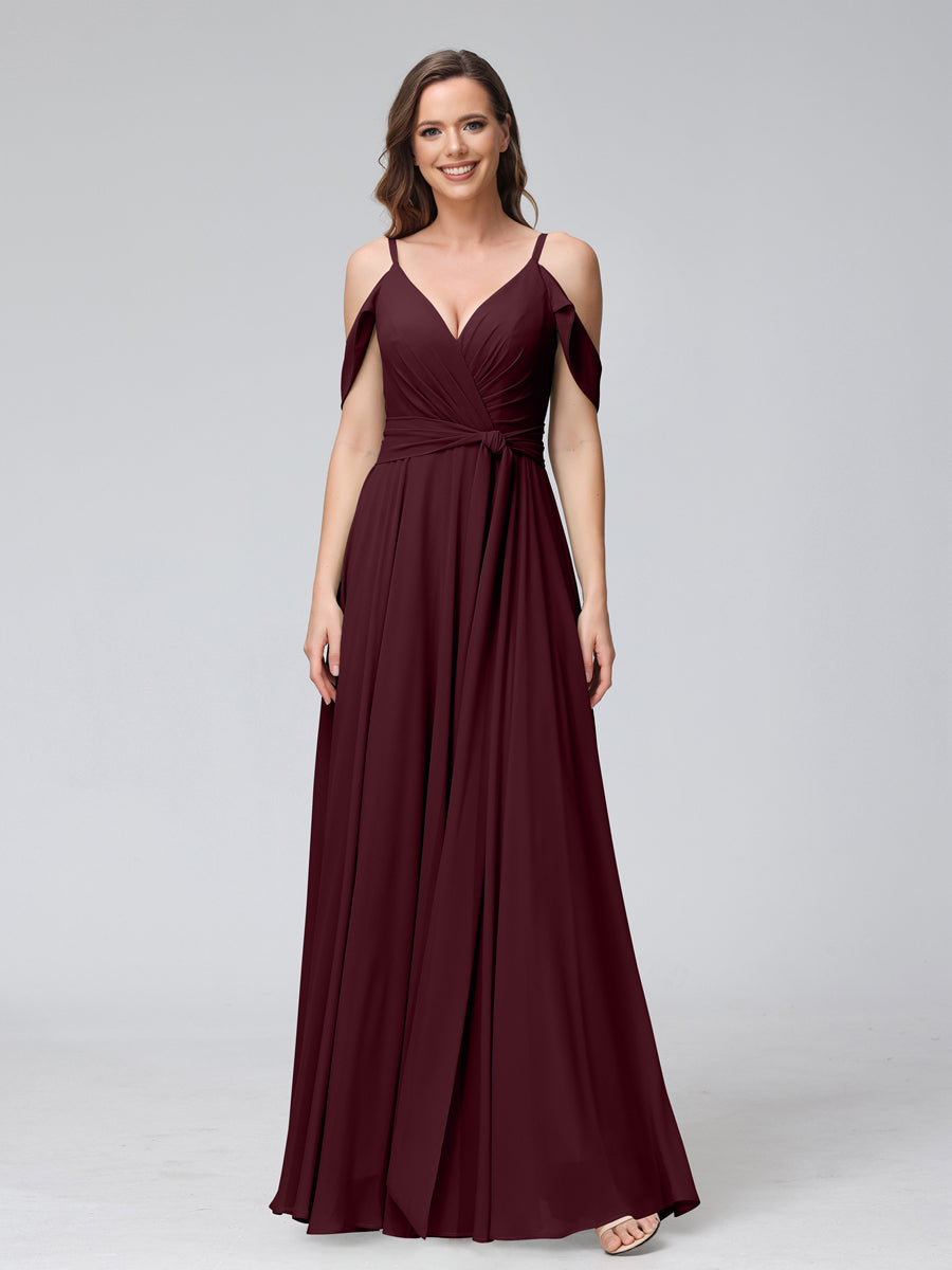 A-Line V-Neck Short Sleeves Chiffon Bridesmaid Dresses with Spaghetti Straps & Split Side