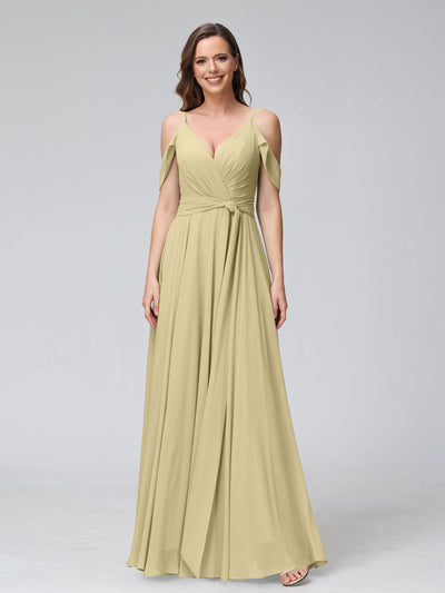 A-Line V-Neck Short Sleeves Chiffon Bridesmaid Dresses with Spaghetti Straps & Split Side