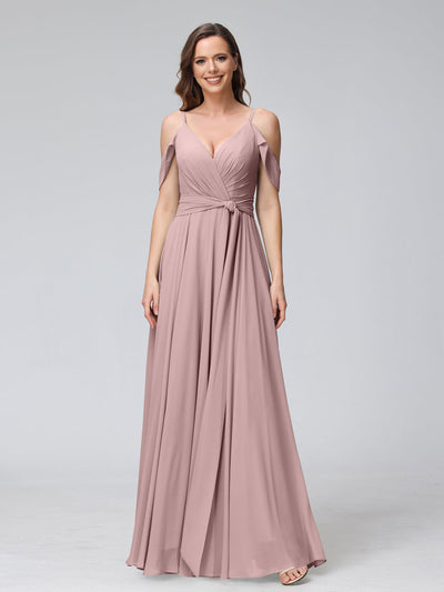 A-Line V-Neck Short Sleeves Chiffon Bridesmaid Dresses with Spaghetti Straps & Split Side