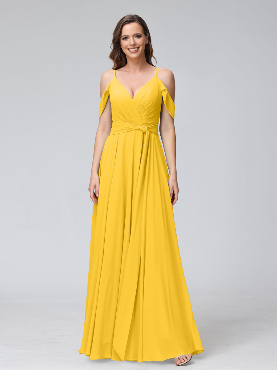 A-Line V-Neck Short Sleeves Chiffon Bridesmaid Dresses with Spaghetti Straps & Split Side