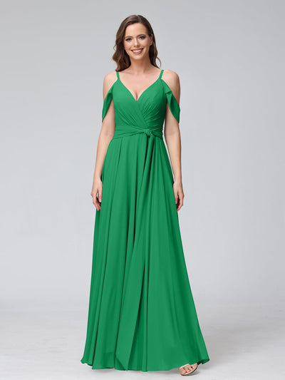 A-Line V-Neck Short Sleeves Chiffon Bridesmaid Dresses with Spaghetti Straps & Split Side