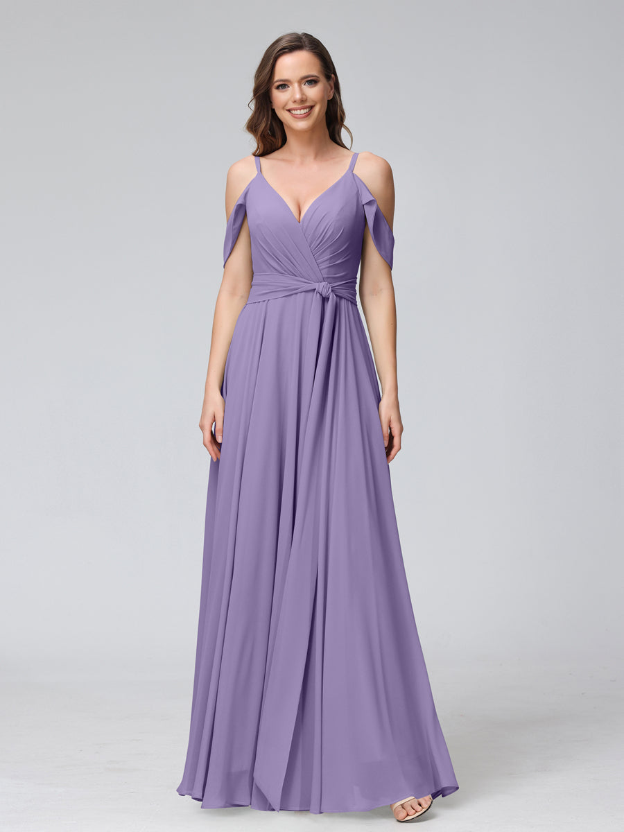 A-Line V-Neck Short Sleeves Chiffon Bridesmaid Dresses with Spaghetti Straps & Split Side