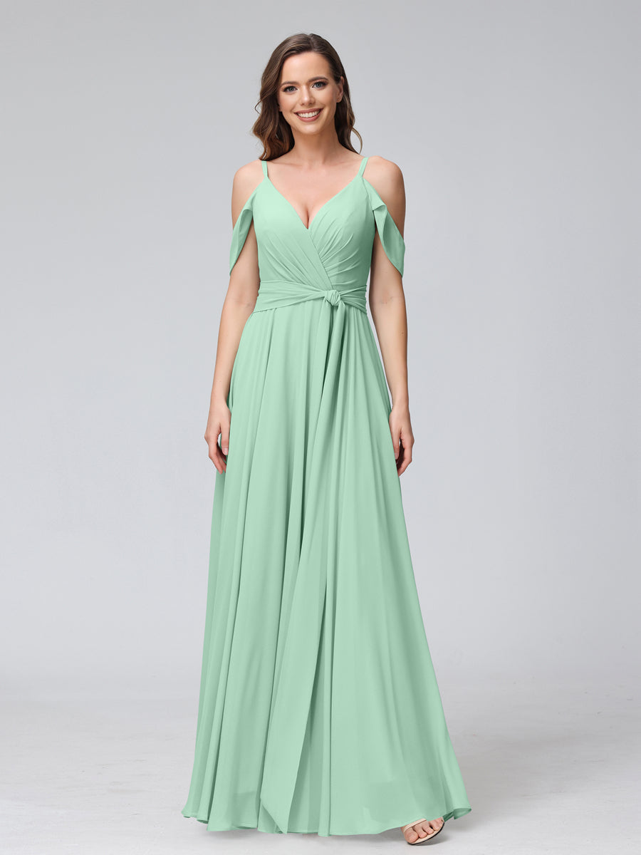 A-Line V-Neck Short Sleeves Chiffon Bridesmaid Dresses with Spaghetti Straps & Split Side