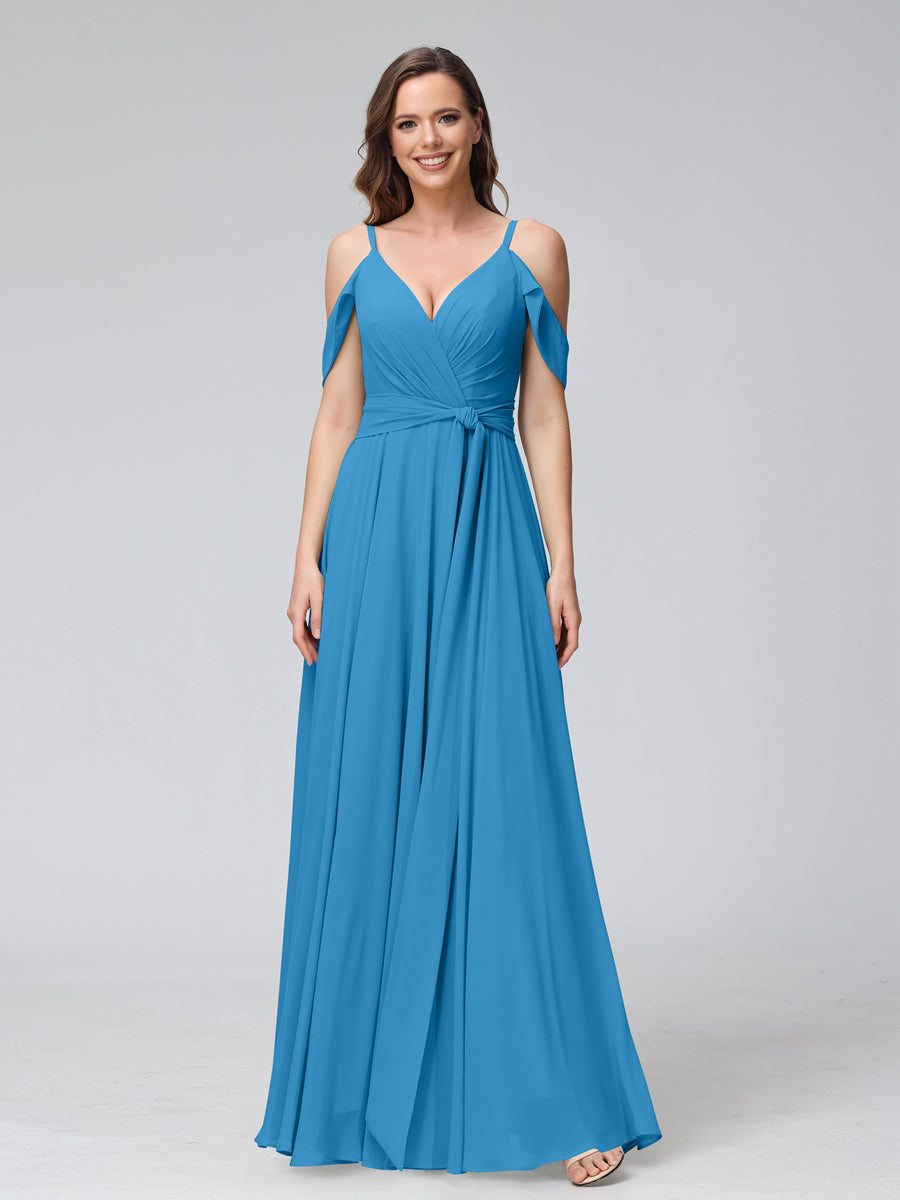 A-Line V-Neck Short Sleeves Chiffon Bridesmaid Dresses with Spaghetti Straps & Split Side