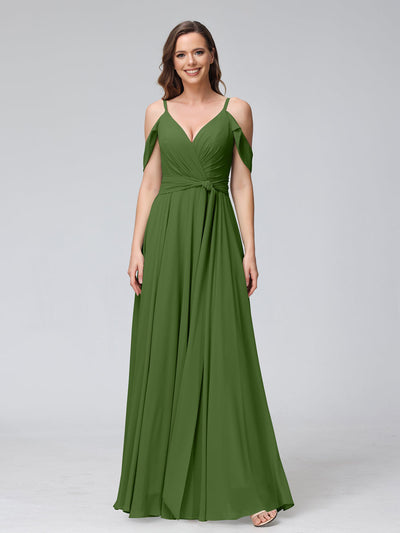 A-Line V-Neck Short Sleeves Chiffon Bridesmaid Dresses with Spaghetti Straps & Split Side