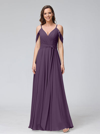 A-Line V-Neck Short Sleeves Chiffon Bridesmaid Dresses with Spaghetti Straps & Split Side