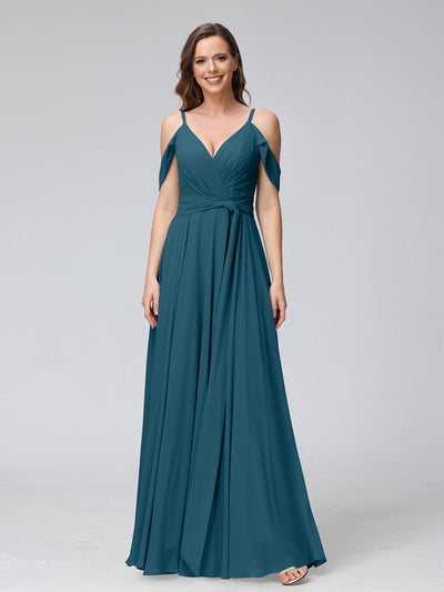 A-Line V-Neck Short Sleeves Chiffon Bridesmaid Dresses with Spaghetti Straps & Split Side