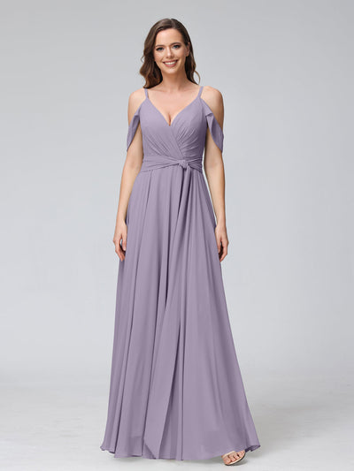 A-Line V-Neck Short Sleeves Chiffon Bridesmaid Dresses with Spaghetti Straps & Split Side