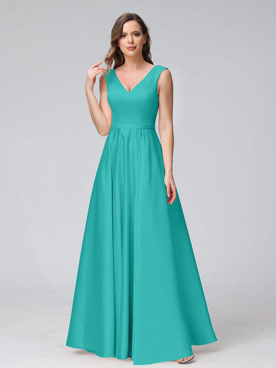 A-Line V-Neck Sleeveless Floor-Length Satin Bridesmaid Dresses With Pockets