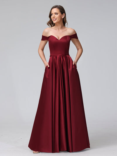 A-Line Off-the-Shoulder Sweetheart Satin Maxi Dresses with Pockets