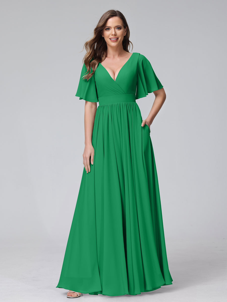 A-Line V-Neck Half Sleeves Long Chiffon Bridesmaid Dresses with Ruffles Split Side Pockets