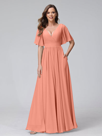 A-Line V-Neck Half Sleeves Long Chiffon Bridesmaid Dresses with Ruffles Split Side Pockets