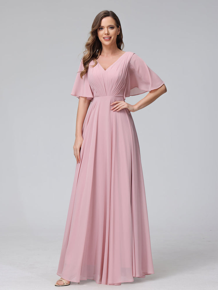 A Line V Neck Half Sleeves Long Chiffon Bridesmaid Dresses With