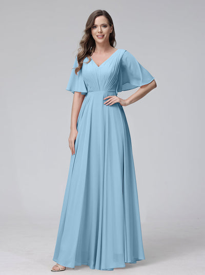 A-Line V-Neck Half Sleeves Long Chiffon Bridesmaid Dresses With Ruffles Pockets