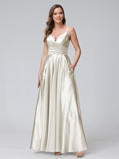 A-Line Sleeveless Long Silk Satin Bridesmaid Dresses with Pockets & Split Side