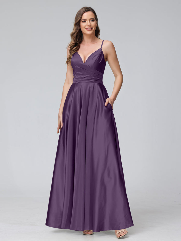 A Line Sleeveless Long Silk Satin Bridesmaid Dresses with Pockets