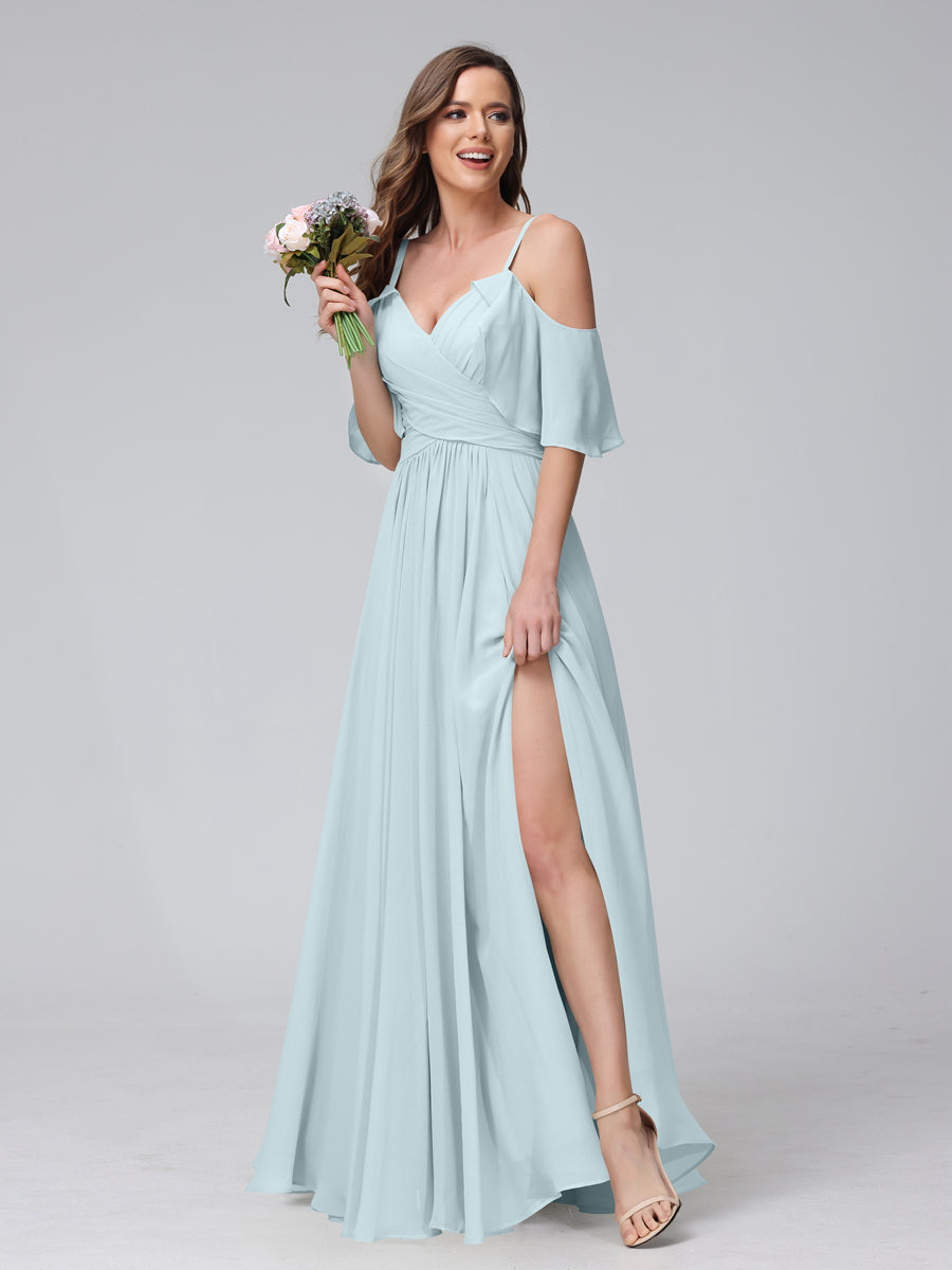 A-Line V-Neck Chiffon Long Bridesmaid Dresses With Split Side & Spaghetti Straps