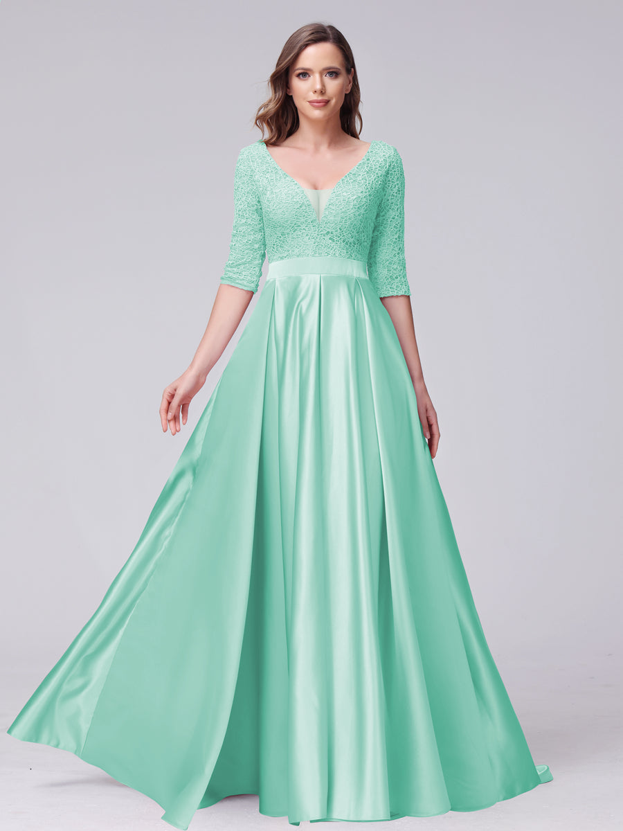 A-Line V-Neck Half Sleeves Applique Long Satin Bridesmaid Dresses With Split Side Pockets