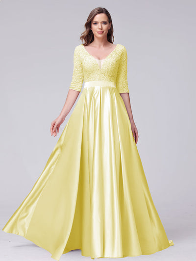 A-Line V-Neck Half Sleeves Applique Long Satin Bridesmaid Dresses With Split Side Pockets