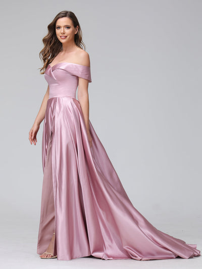 A-Line Off-the-Shoulder Long Satin Evening Dresses with Split Side & Pockets