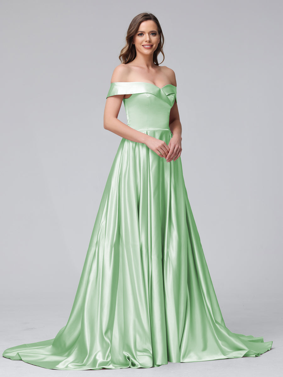 A-Line Off-the-Shoulder Long Satin Evening Dresses with Split Side & Pockets