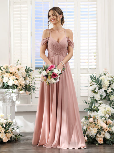 A-Line V-Neck Spaghetti Straps Split Side Floor-Length Chiffon Bridesmaid Dresses