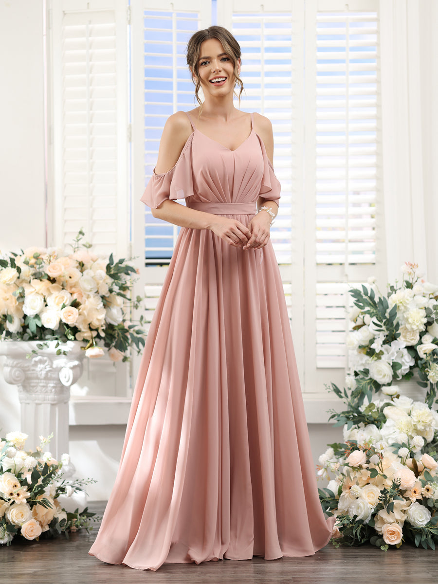 A-Line Spaghetti Straps Split Side Ruched Floor-Length Chiffon Bridesmaid Dresses