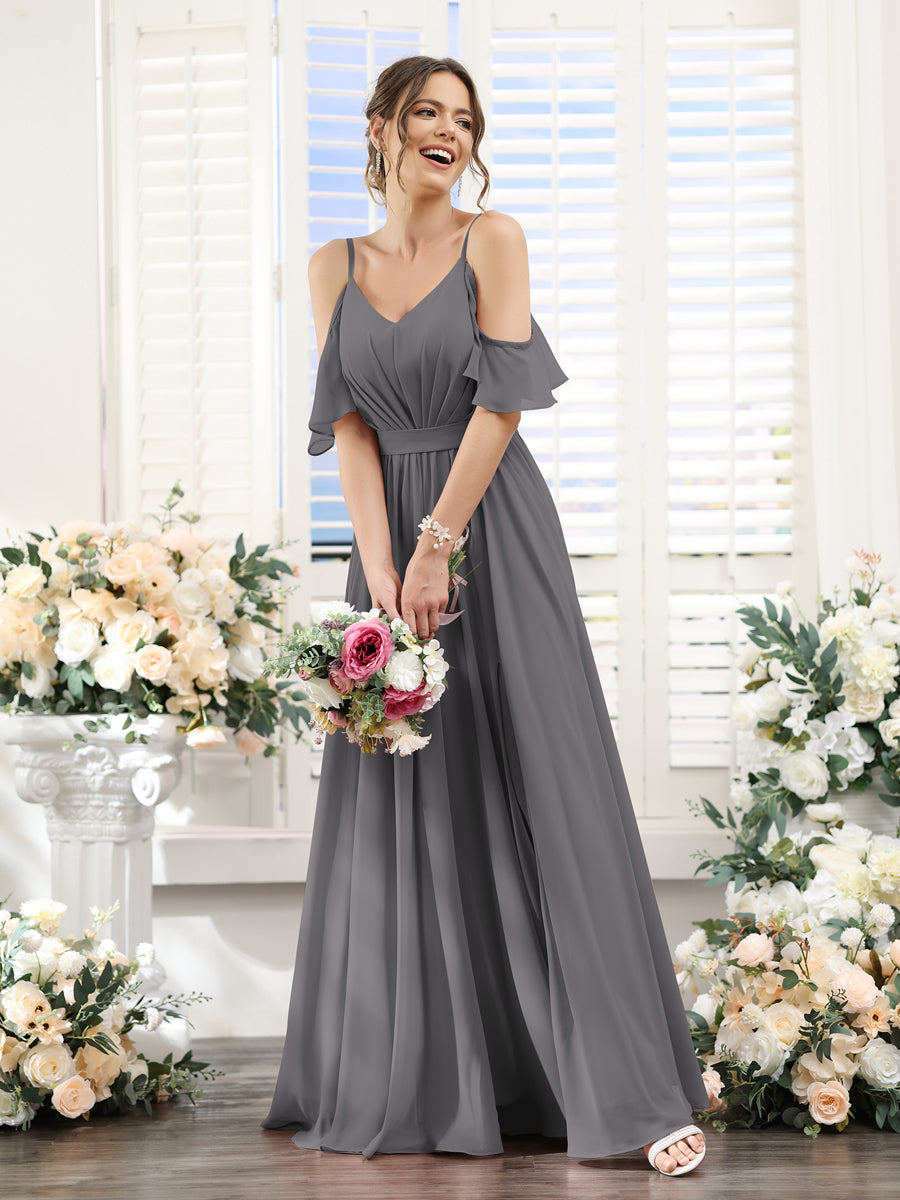 A-Line Spaghetti Straps Split Side Ruched Floor-Length Chiffon Bridesmaid Dresses