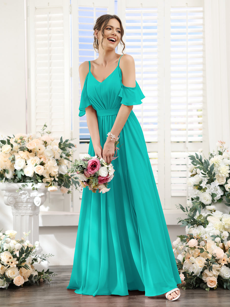 A-Line Spaghetti Straps Split Side Ruched Floor-Length Chiffon Bridesmaid Dresses