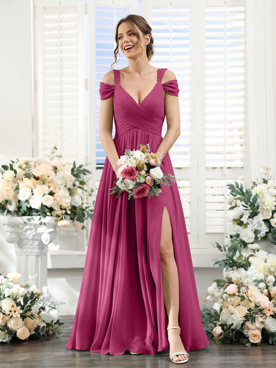 A-Line V-Neck Split Side Ruched Floor-Length Chiffon Bridesmaid Dresses