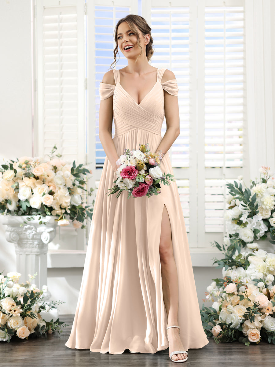 A-Line V-Neck Split Side Ruched Floor-Length Chiffon Bridesmaid Dresses