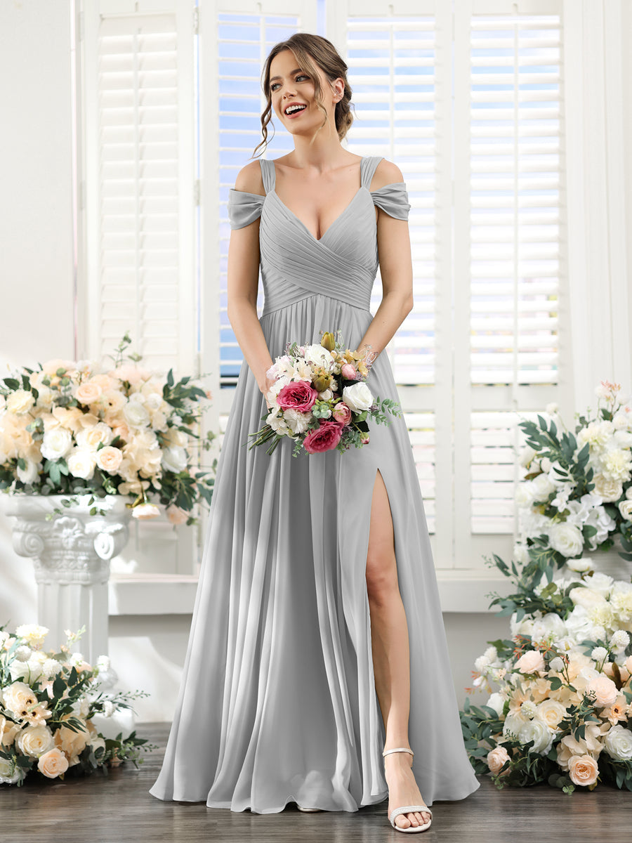 A-Line V-Neck Split Side Ruched Floor-Length Chiffon Bridesmaid Dresses