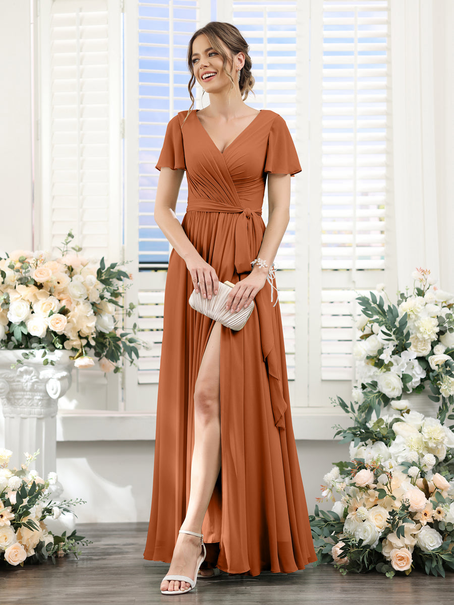 A-Line V-Neck Short Sleeves Split Side Ruched Floor-Length Chiffon Bridesmaid Dresses