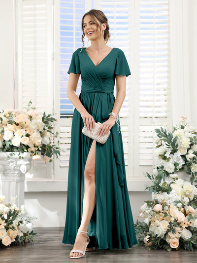 A-Line V-Neck Short Sleeves Split Side Ruched Floor-Length Chiffon Bridesmaid Dresses