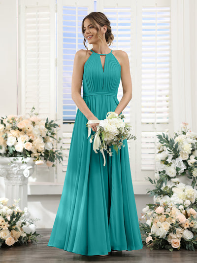 A-Line Halter Sleeveless Split Side Ruched Floor-Length Chiffon Bridesmaid Dresses