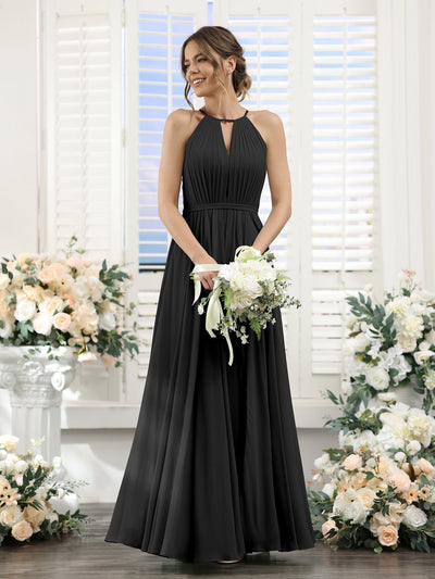 A-Line Halter Sleeveless Split Side Ruched Floor-Length Chiffon Bridesmaid Dresses