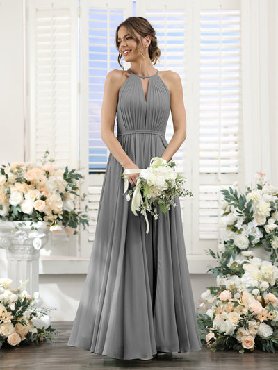 A-Line Halter Sleeveless Split Side Ruched Floor-Length Chiffon Bridesmaid Dresses