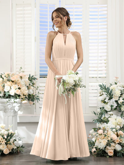 A-Line Halter Sleeveless Split Side Ruched Floor-Length Chiffon Bridesmaid Dresses