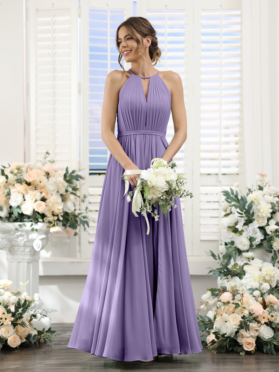 A-Line Halter Sleeveless Split Side Ruched Floor-Length Chiffon Bridesmaid Dresses