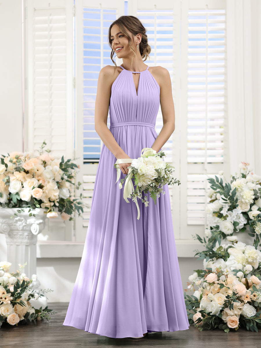 A-Line Halter Sleeveless Split Side Ruched Floor-Length Chiffon Bridesmaid Dresses